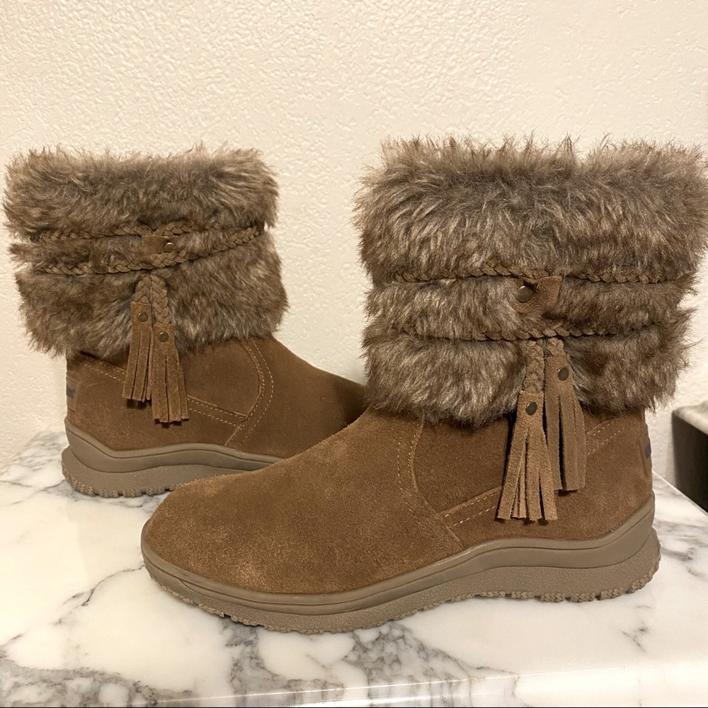 MINNETONKA EVERETT Boots Size 6 Dusty Brown 80083 Women’s Leather & Faux Fur